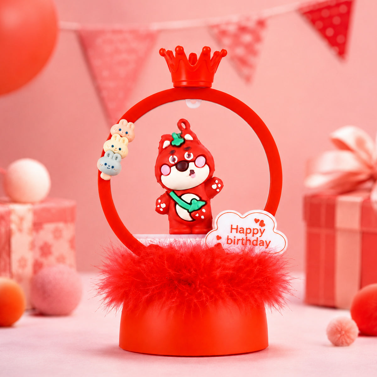 Red Teddy Bear Happy Birthday Decoration with LED Lights