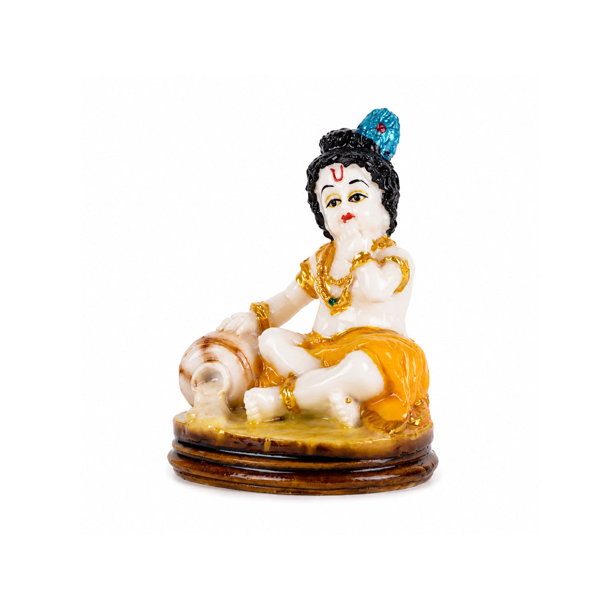 Lord Bal Krishna Statue Sitting with Butter Pot – Yellow & Gold Polyresin