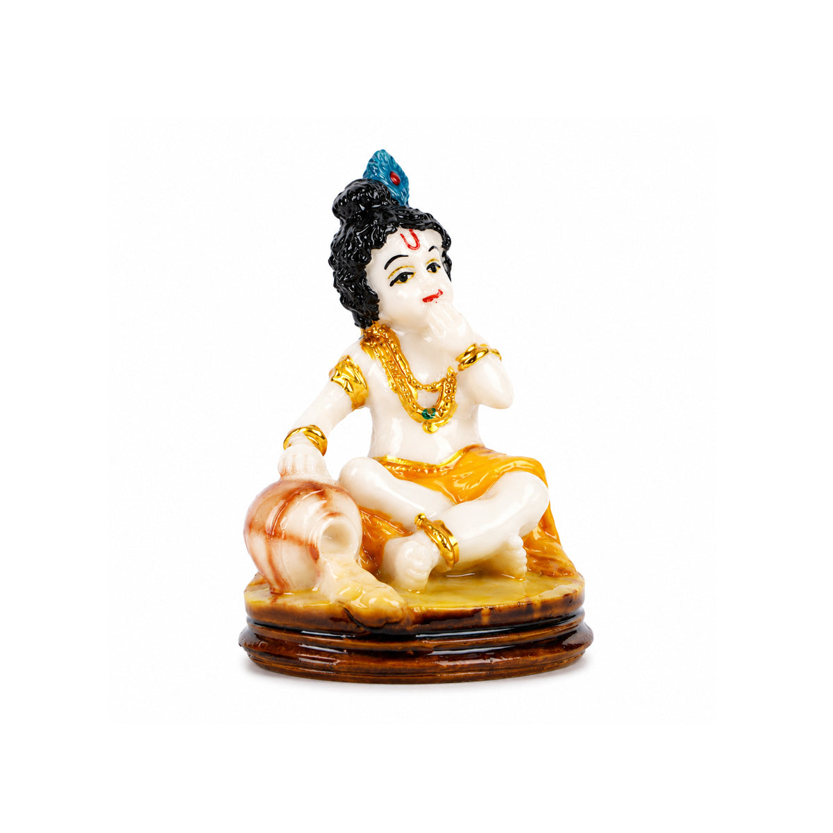 Lord Bal Krishna Statue Sitting with Butter Pot – Yellow & Gold Polyresin