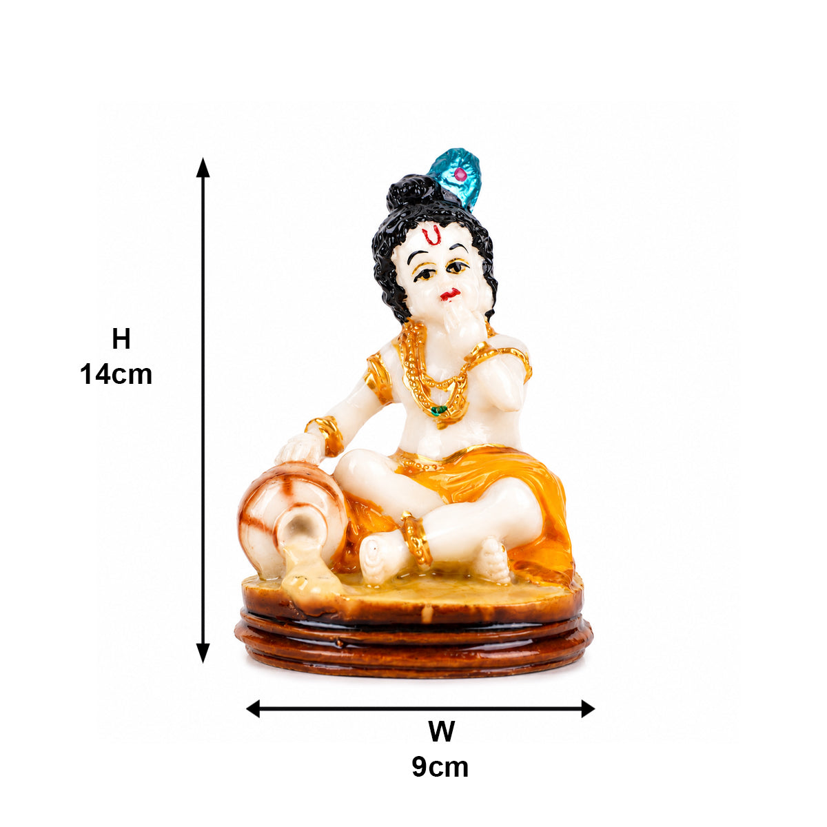 Lord Bal Krishna Statue Sitting with Butter Pot – Yellow & Gold Polyresin