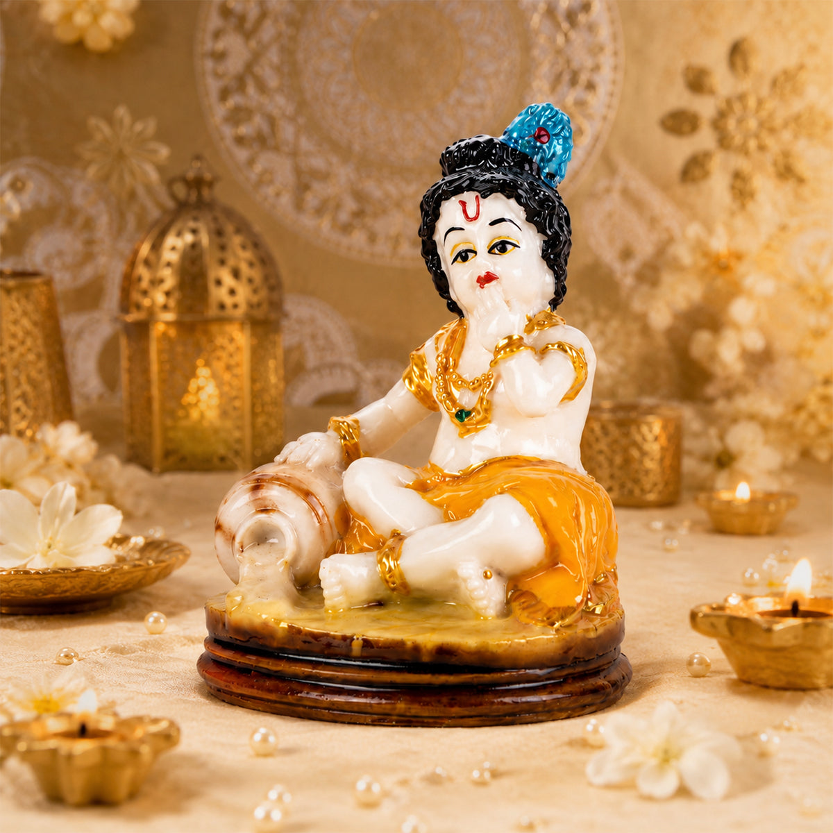 Lord Bal Krishna Statue Sitting with Butter Pot – Yellow & Gold Polyresin