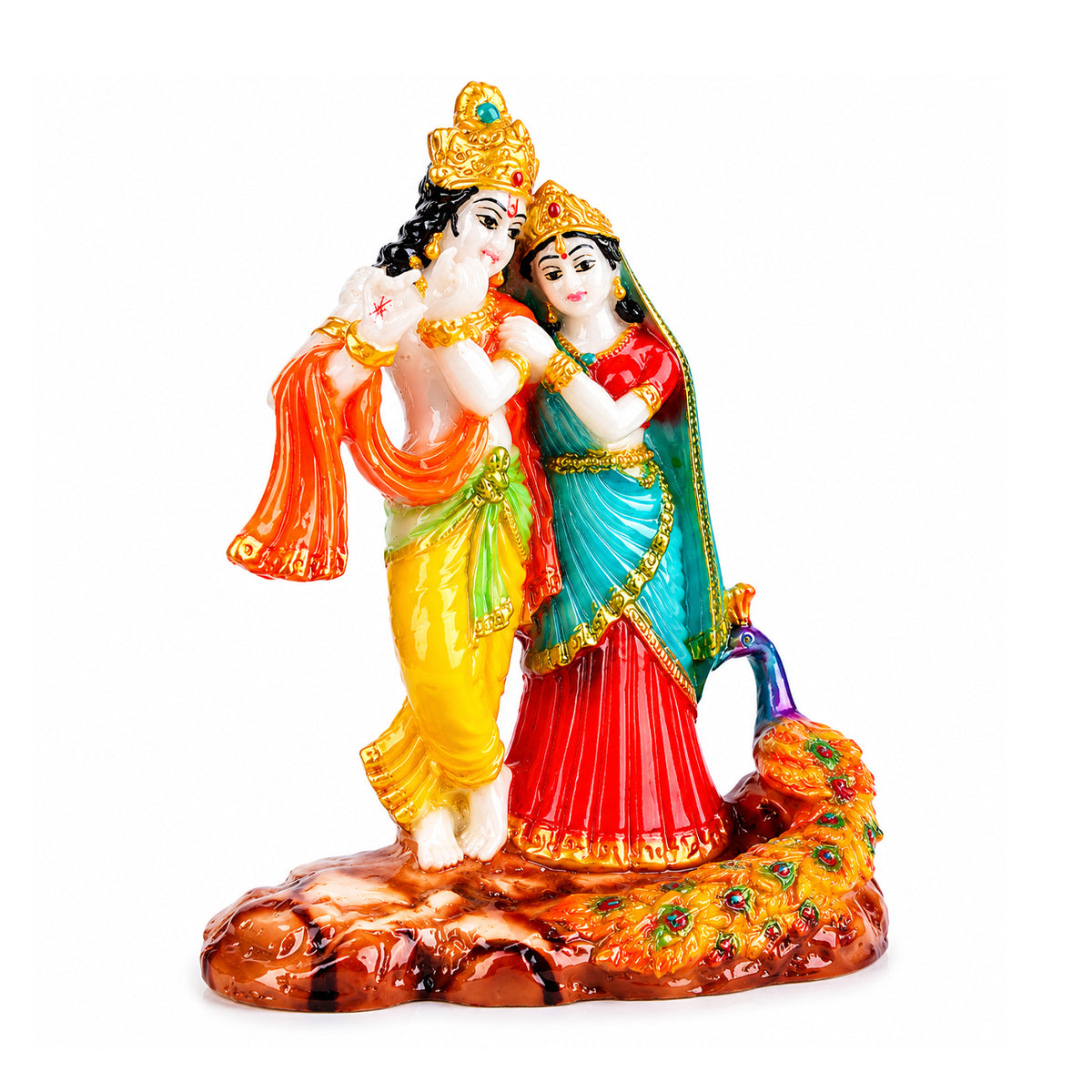 Radha Krishna Idol with Peacock – Multicolour Polyresin, Matte Finish