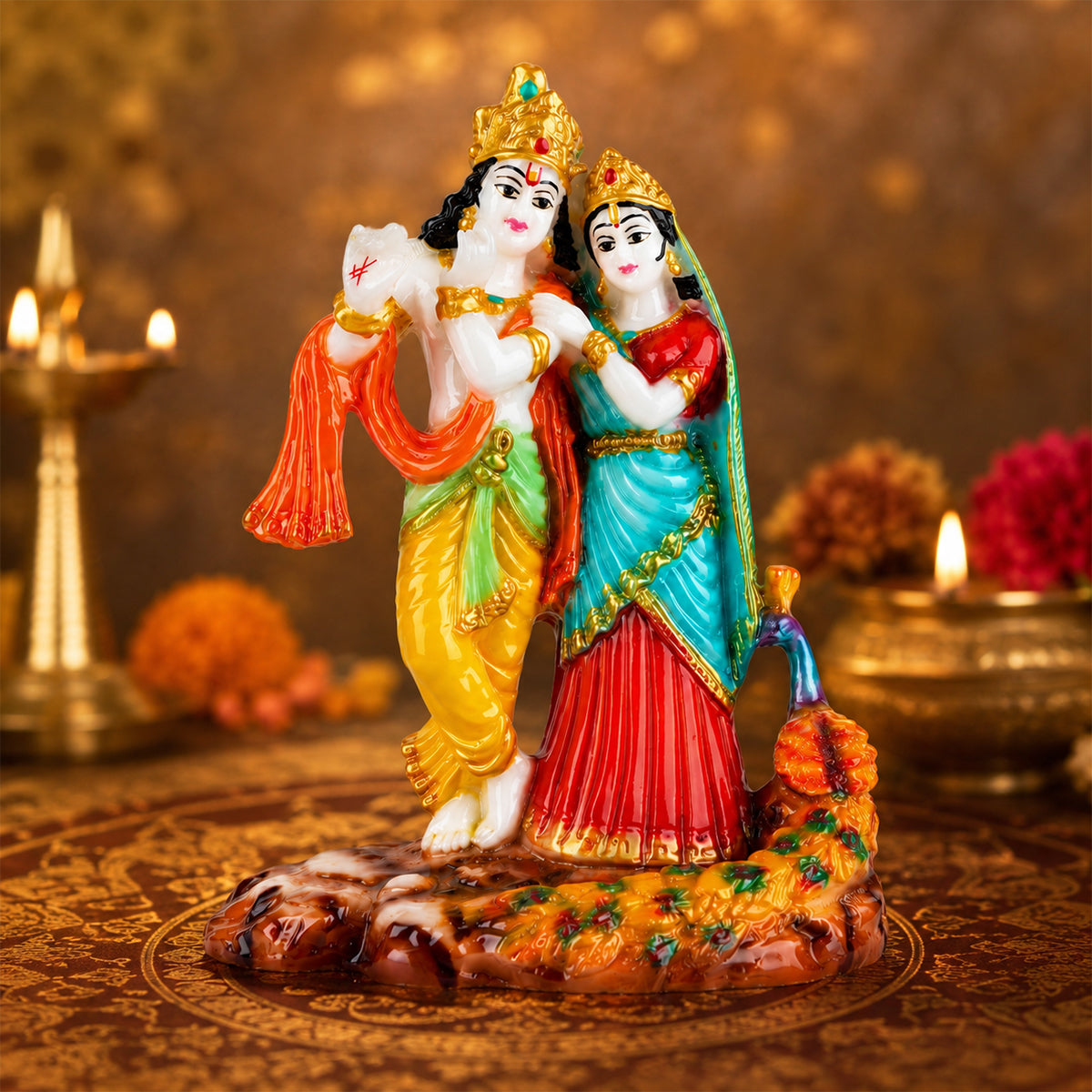 Radha Krishna Idol with Peacock – Multicolour Polyresin, Matte Finish
