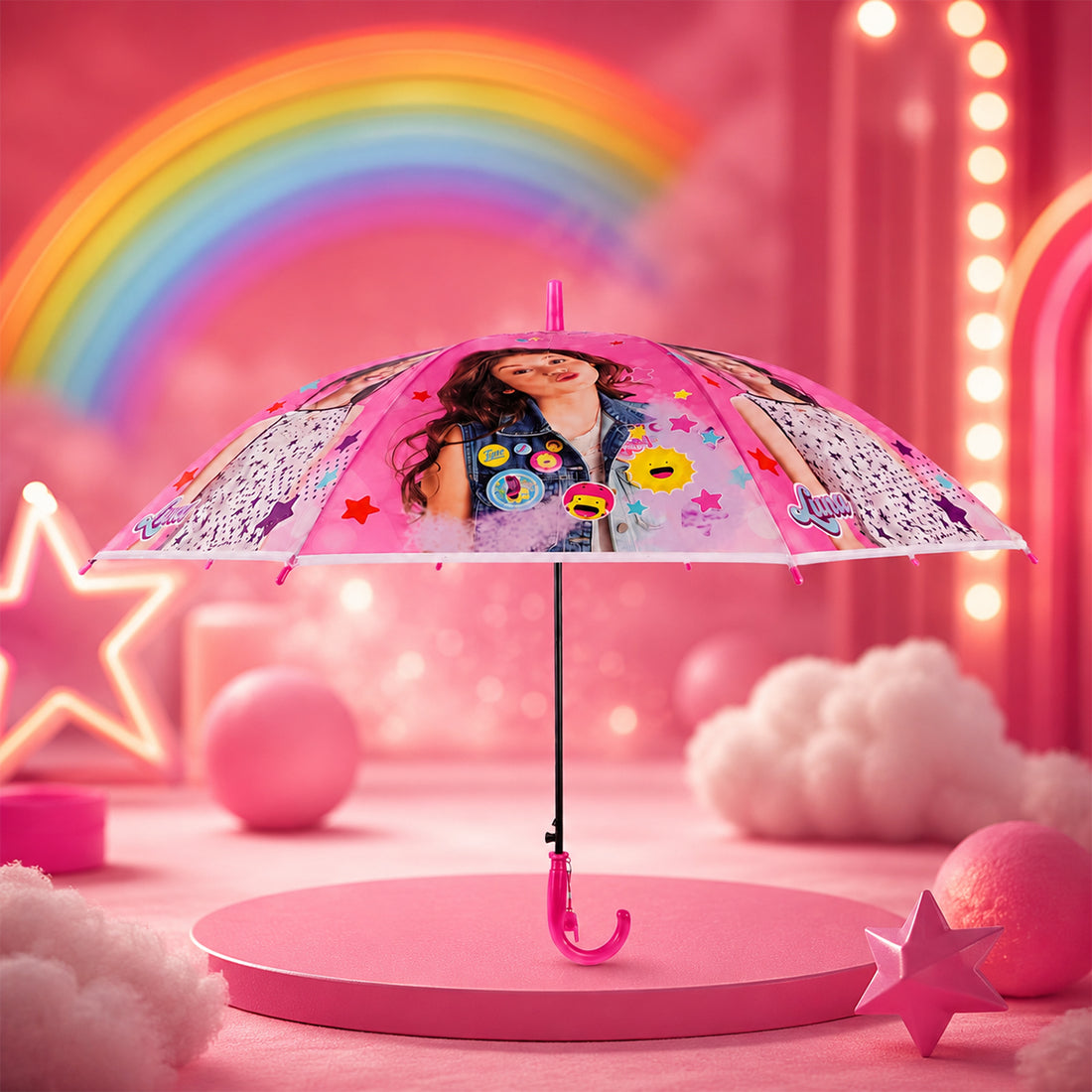 Arav Pink Luna Themed Kids Umbrella — Pink with Whistle Handle, 65 cm