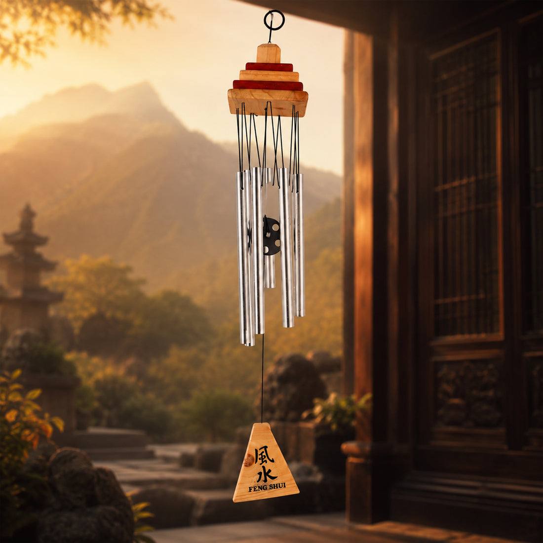 The Writershub Feng Shui Wooden Wind Chime — 7 Metal Tubes (Natural Wood & Silver)