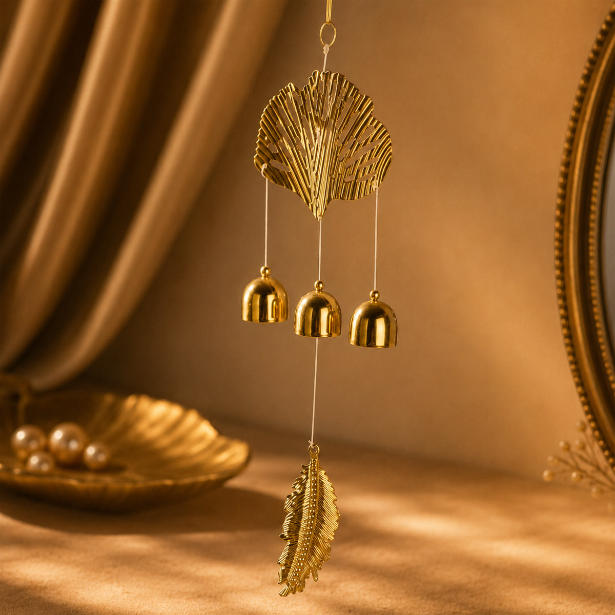 The Writershub Gold Metal Leaf Wind Chime with Hanging Bells