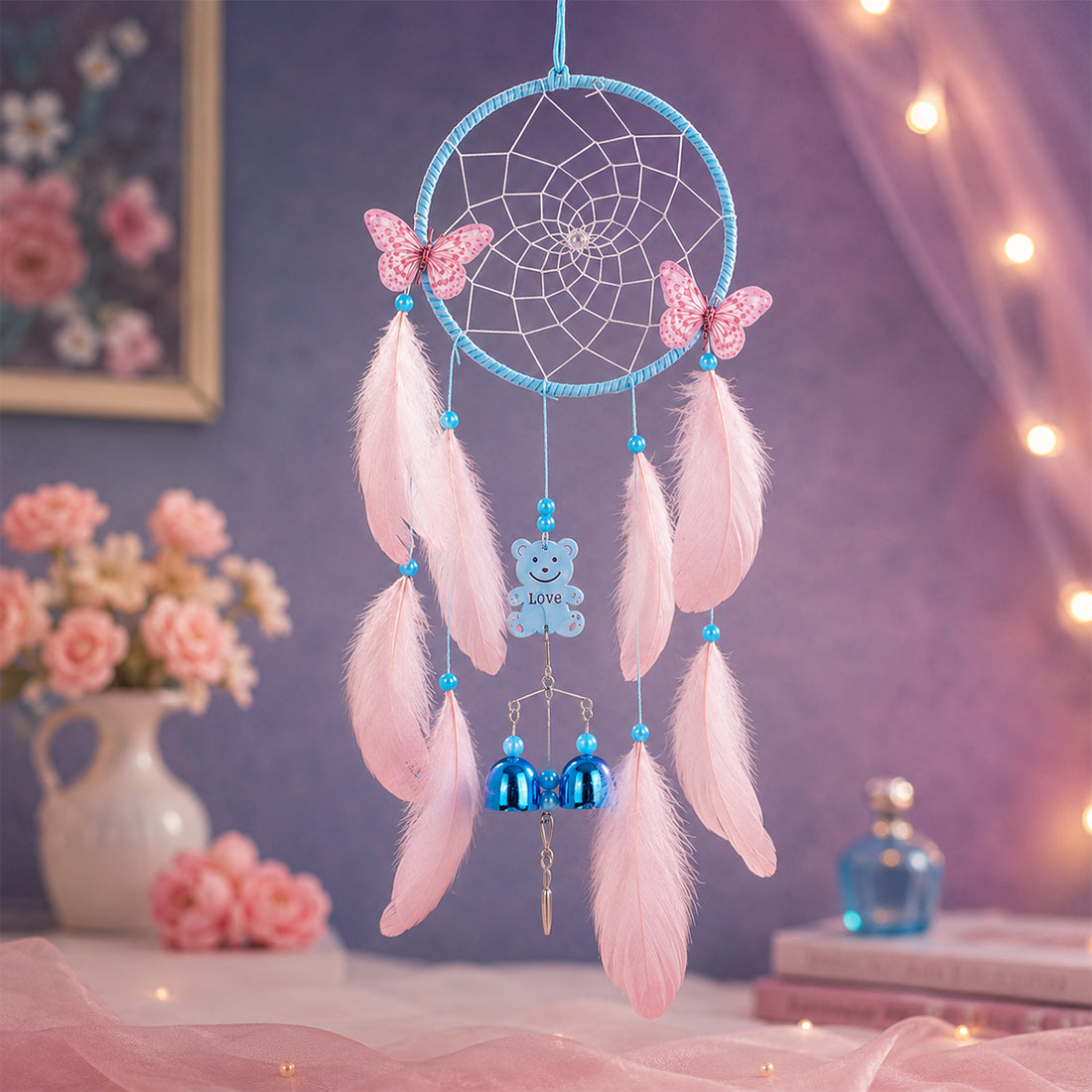 The Writershub Blue & Pink Handmade Dream Catcher with Feathers and Bells