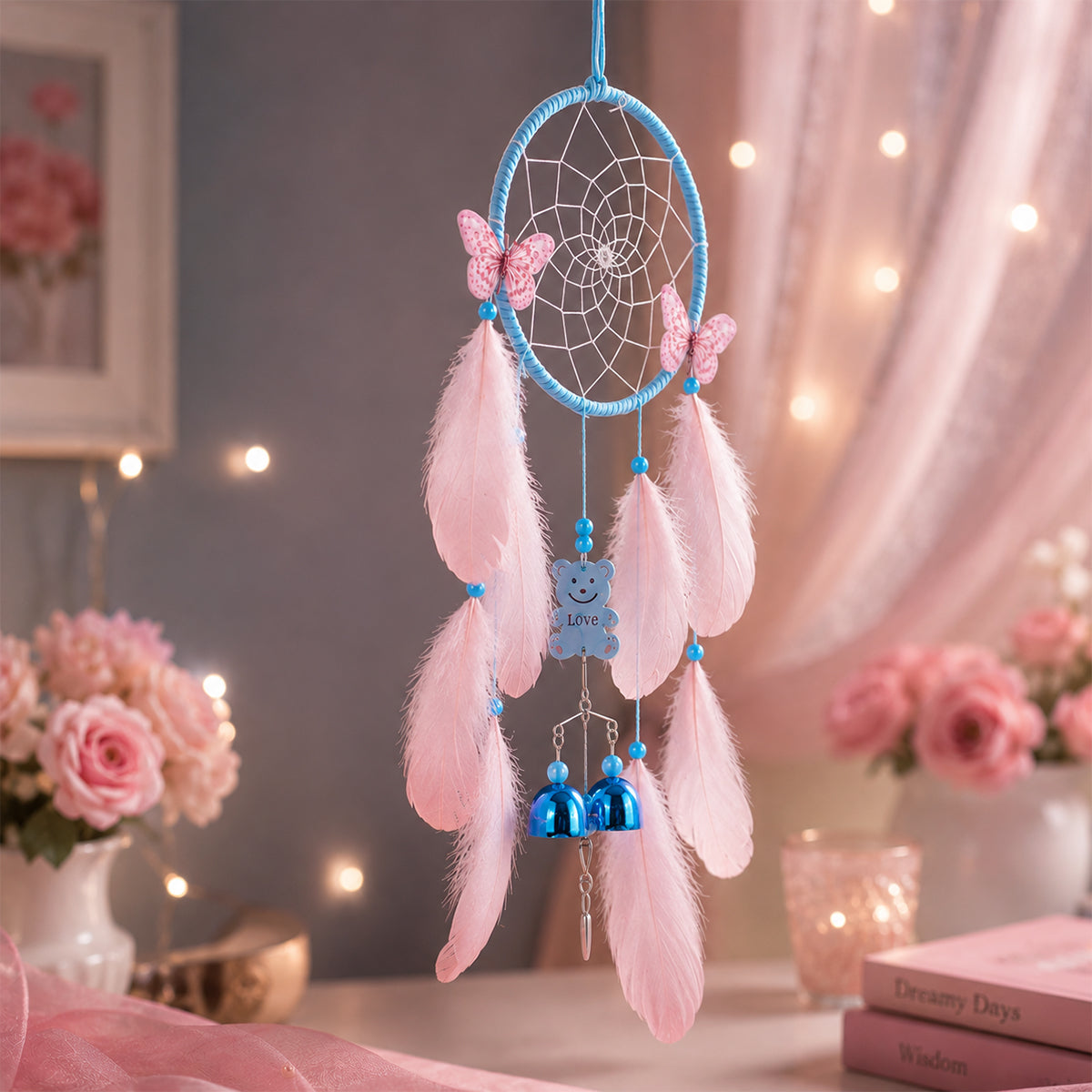 The Writershub Blue & Pink Handmade Dream Catcher with Feathers and Bells