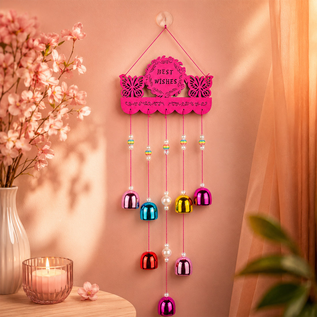 The Writershub Pink "Best Wishes" Colourful Bells & Beads MDF Wall Hanging
