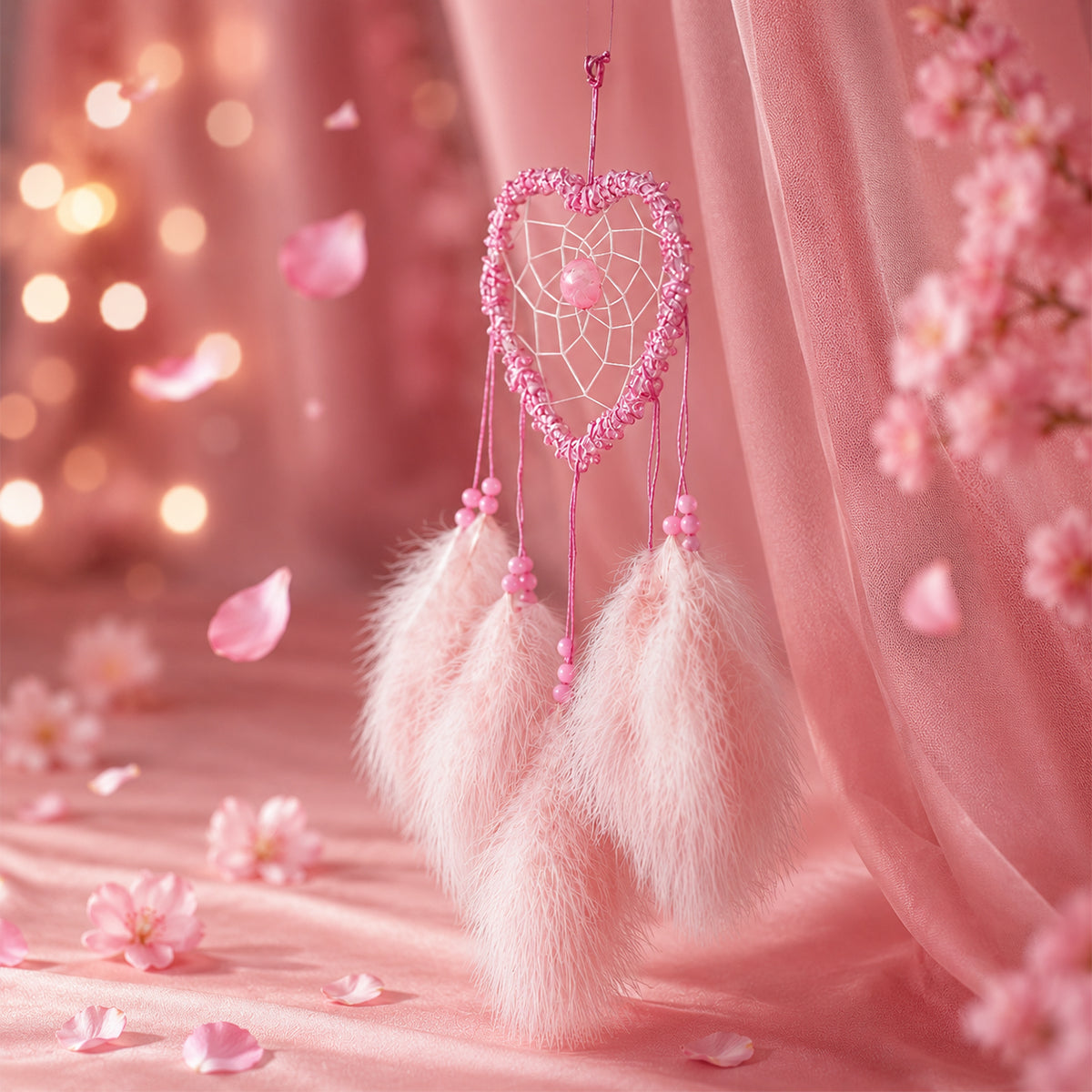 The Writershub Light Pink Heart Web with Bead Design Handmade Dream Catcher