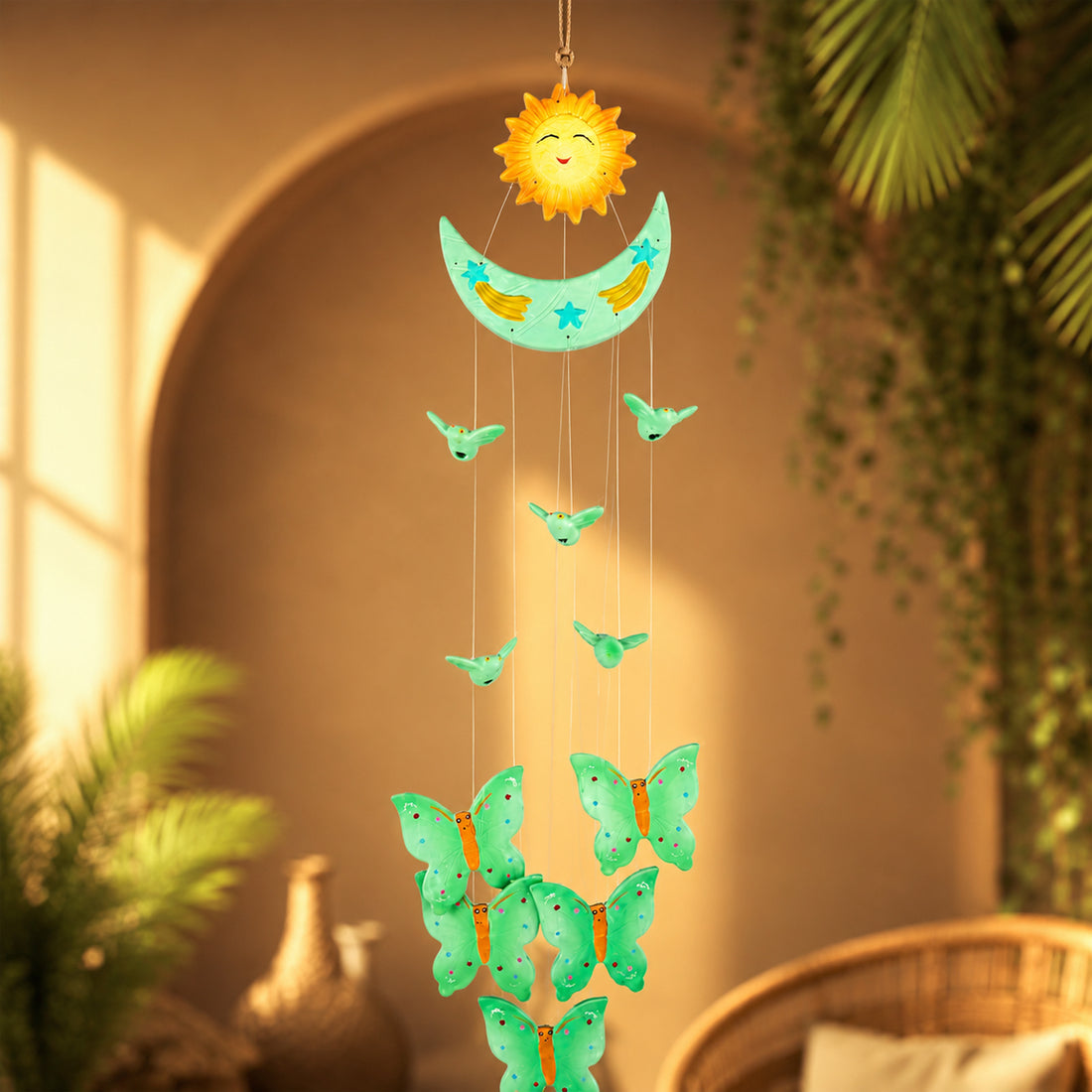 The Writershub Green Butterfly Hanging Decor with Smiling Sun & Moon