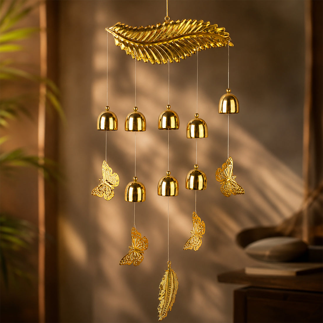 The Writershub Gold-Coloured Leaf & Butterfly Wind Chime