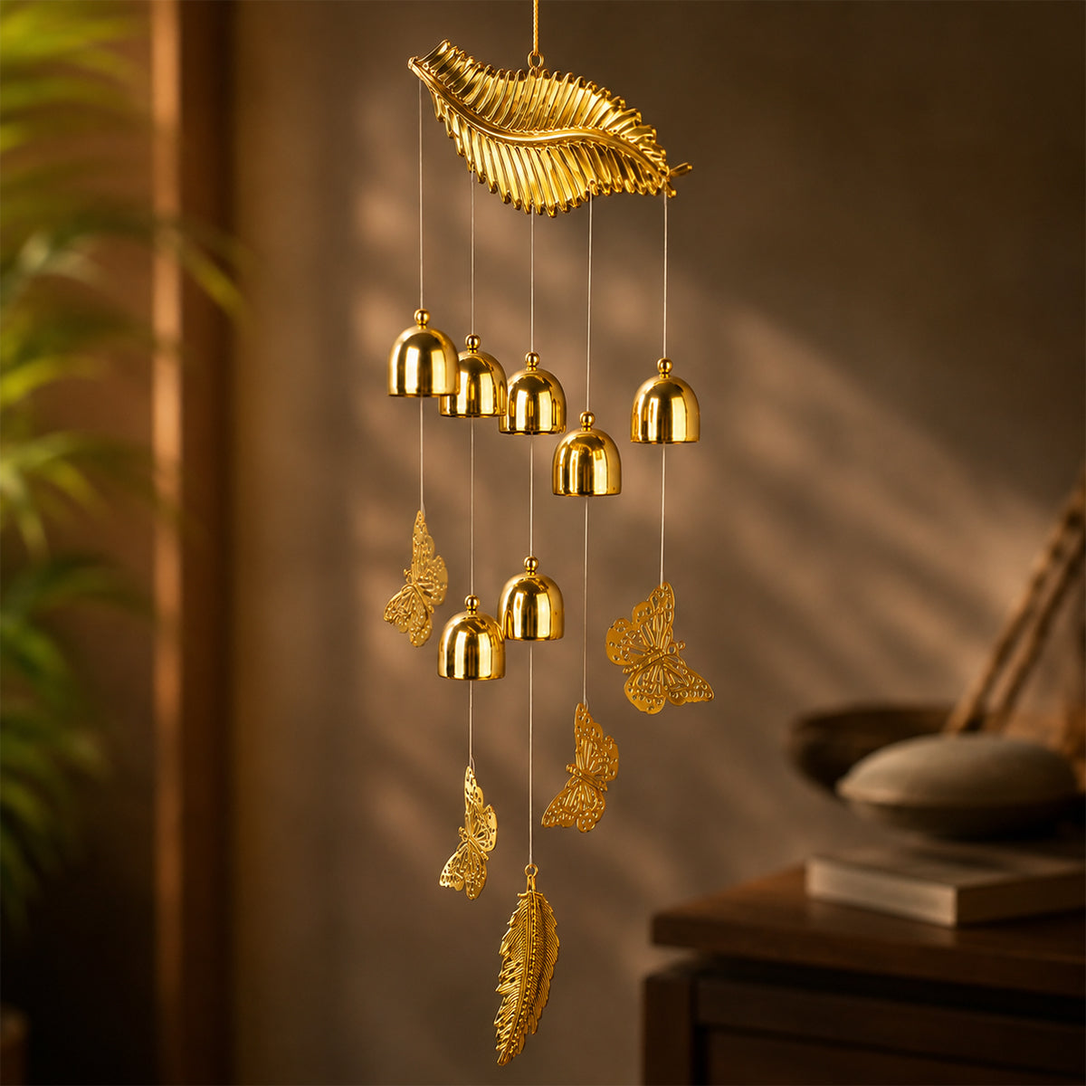 The Writershub Gold-Coloured Leaf & Butterfly Wind Chime