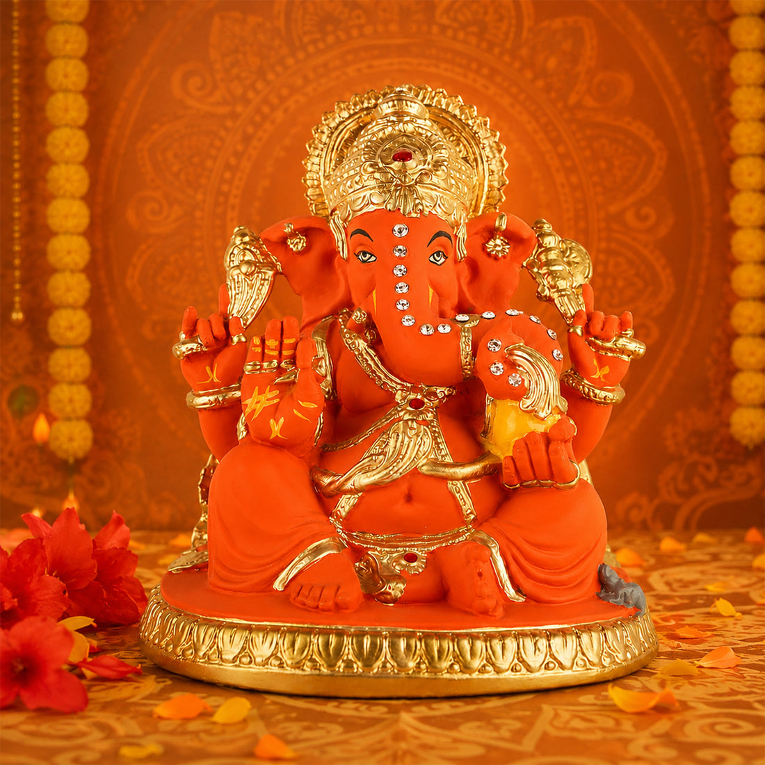 The Writershub Red & Gold Lord Ganesha Idol with Stone Work Showpiece