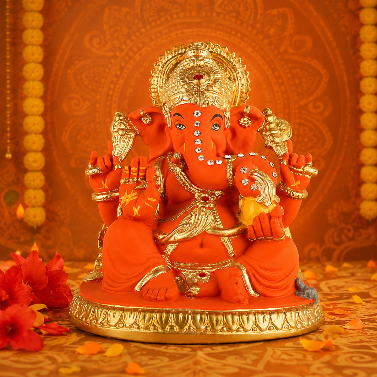 The Writershub Red & Gold Lord Ganesha Idol with Stone Work Showpiece