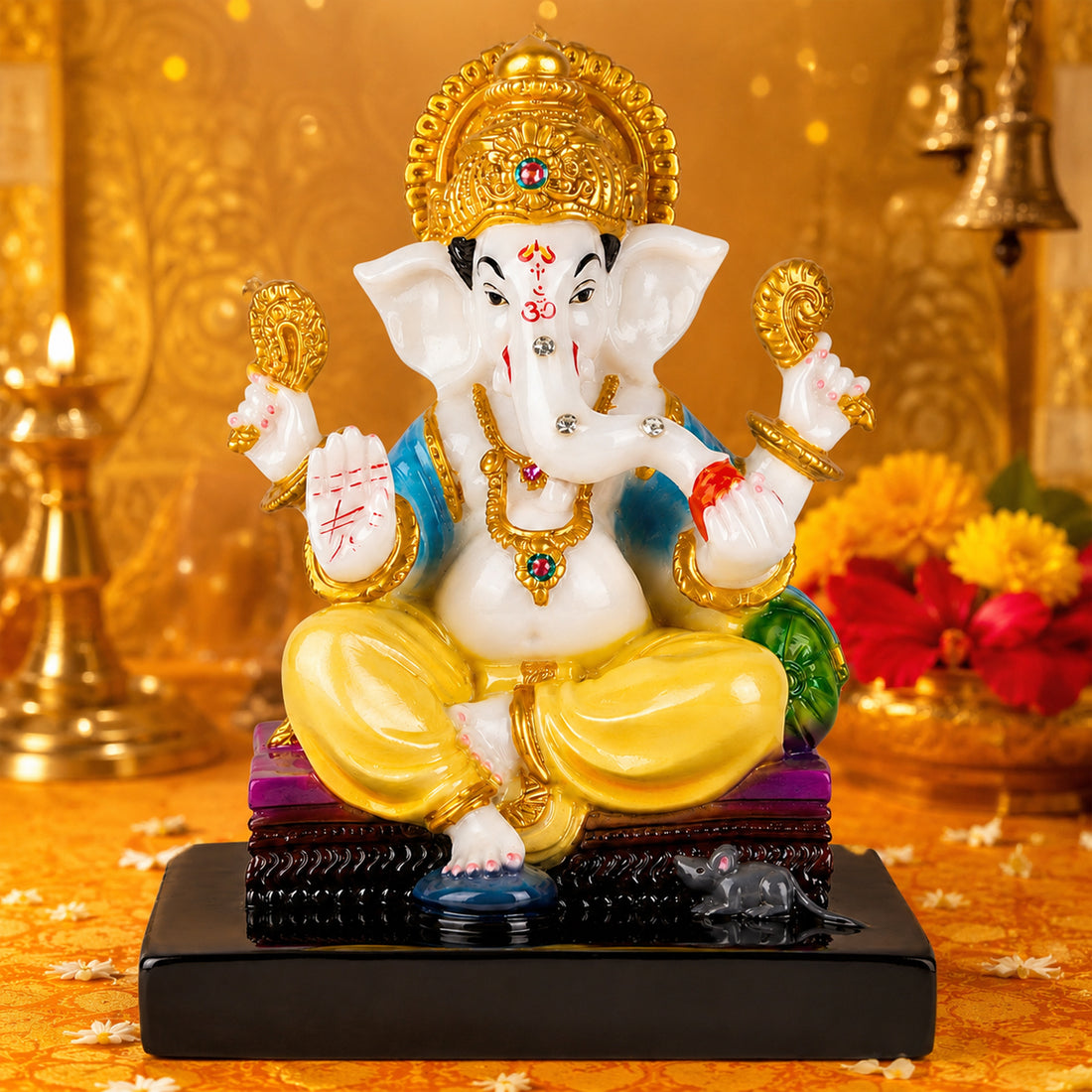 The Writershub White & Gold Lord Ganesha Idol with Multicolour Finish Decorative