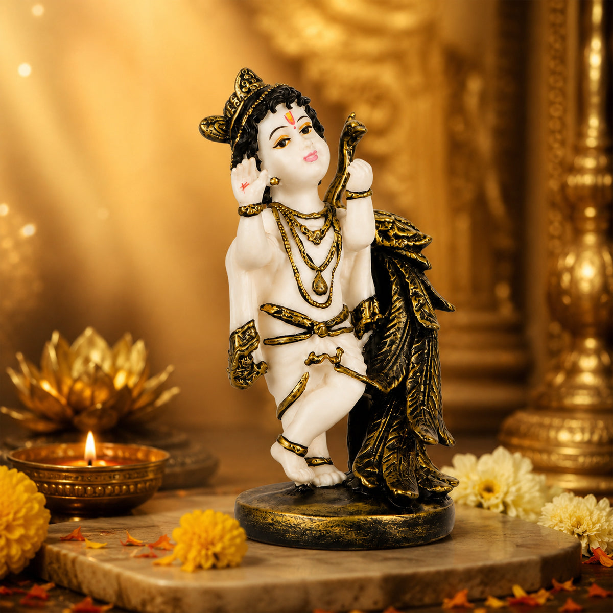 Gopal Bal Krishna Statue With Peacock Idol for Home Temple Decor
