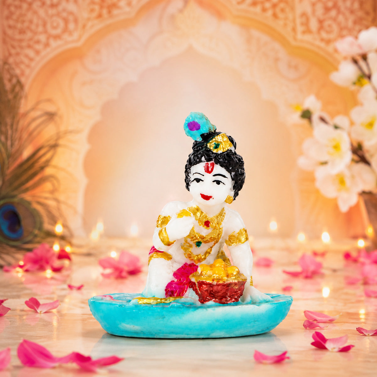 The Writershub Blue Base Bal Krishna with Laddu Decorative Idol