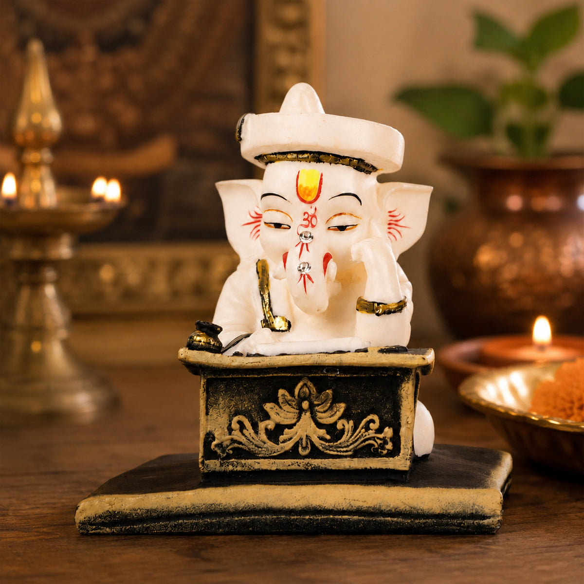 Munim Ganesh With Writing Statue: Exquisite White Finish Idol