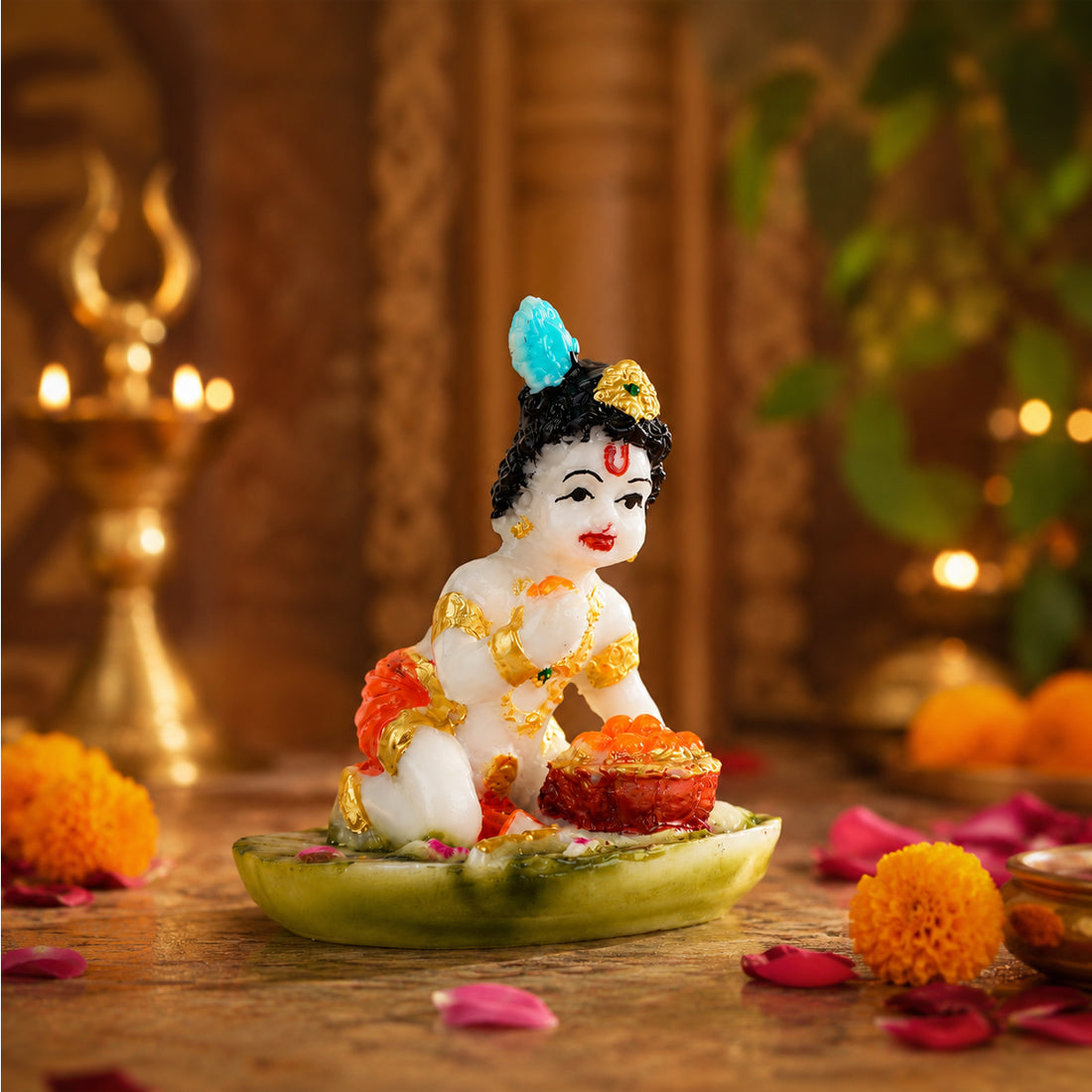 The Writershub Olive Green Base Bal Krishna with Laddu Decorative Idol