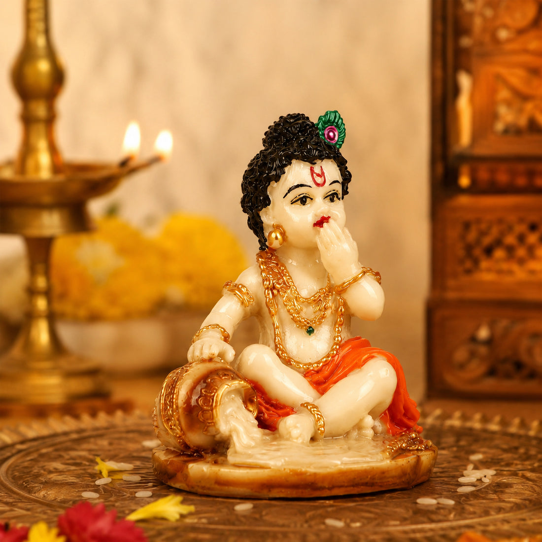The Writershub Olive Green Base Bal Gopal Krishna Idol Sitting with Butter Pot Decorative Idol