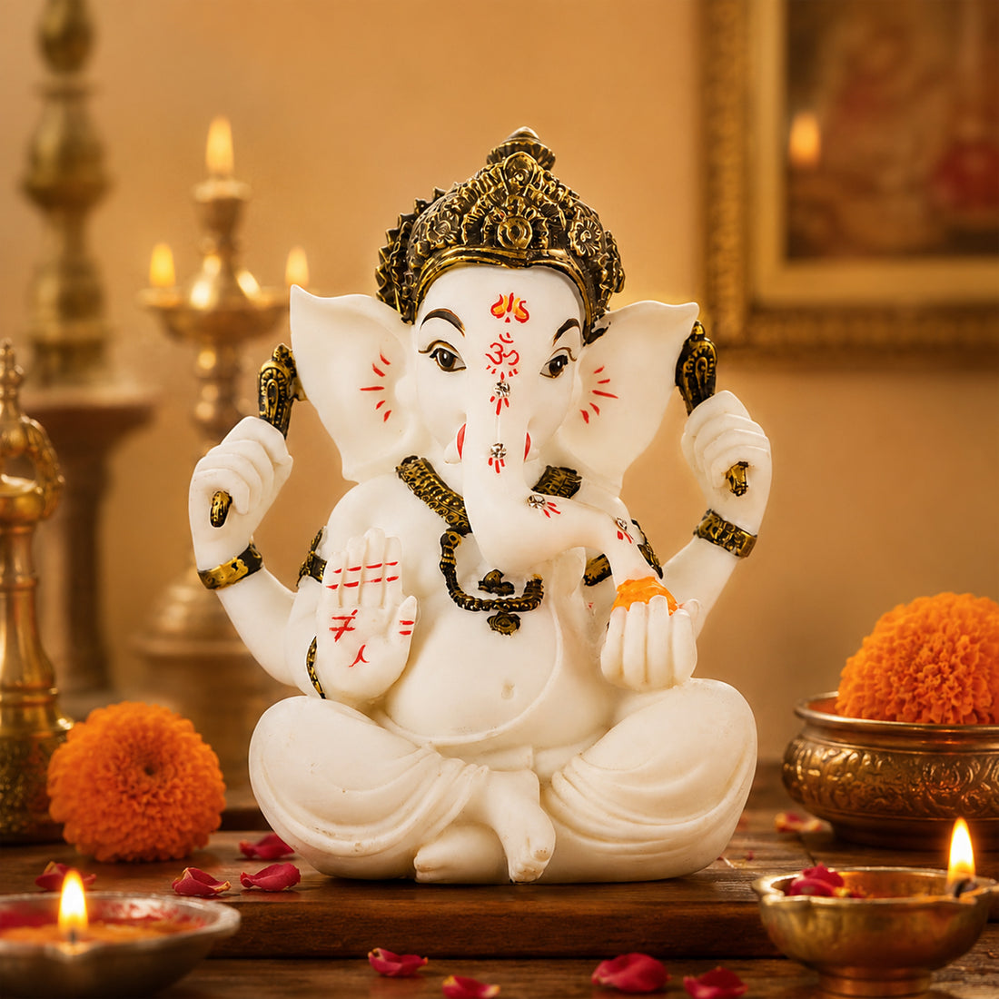 White Lord Ganesha Sitting with Laddu – Idol of Prosperity & Wisdom