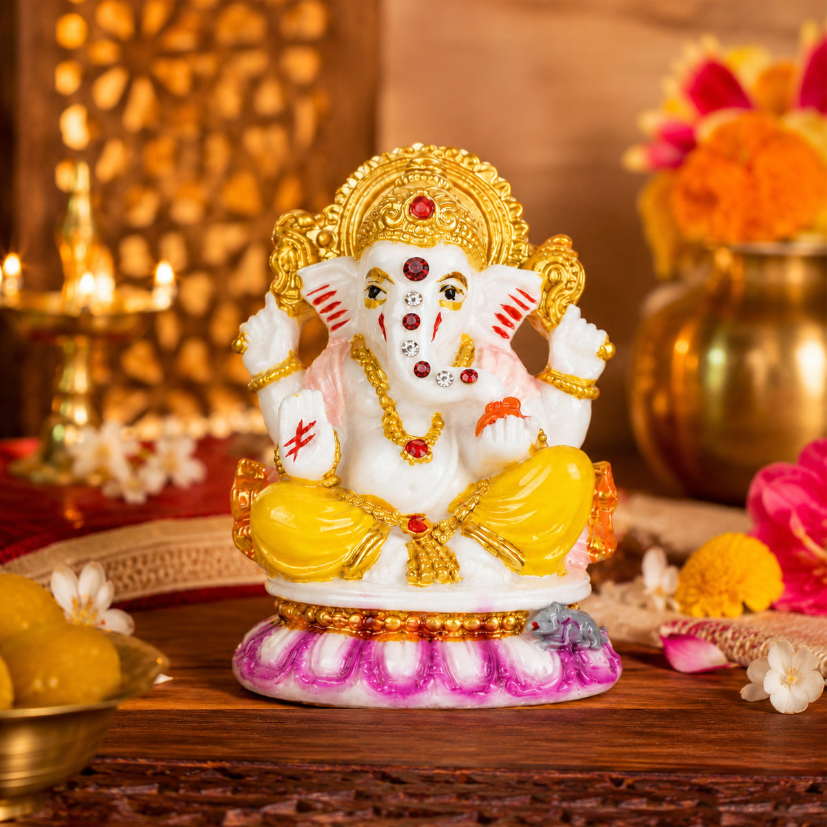 The Writershub Yellow Dhoti Lord Ganesha Sitting on Lotus Statue - Polyresin Idol