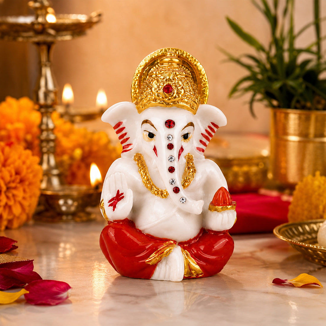The Writershub White Ganesh with Red Accents Blessing Pose Resin Idol