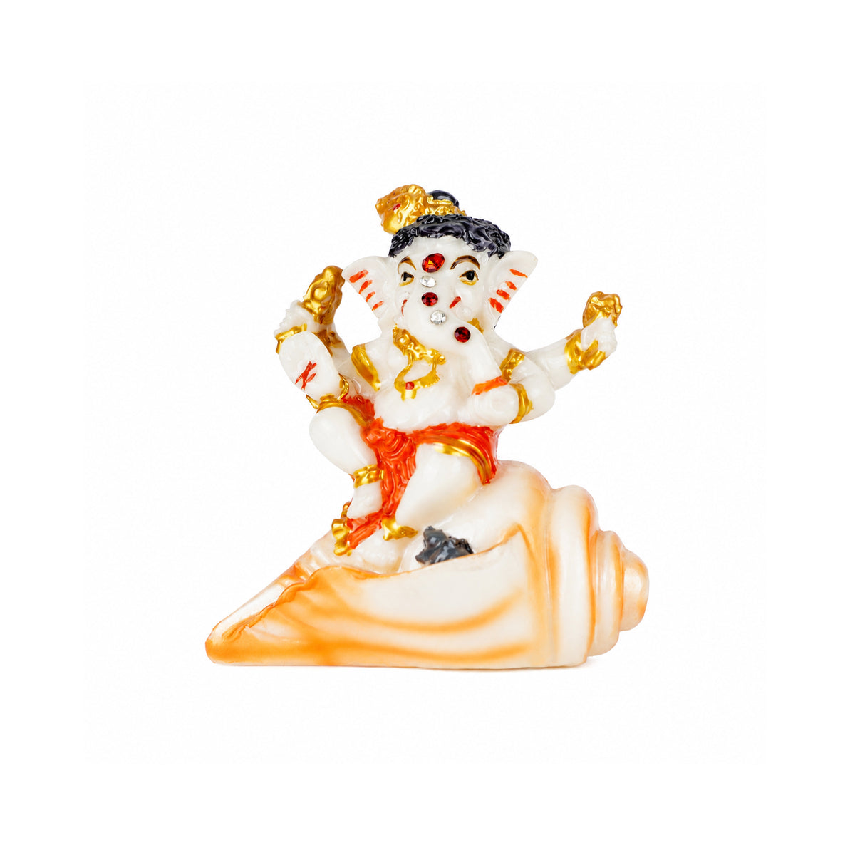 The Writershub Orange Dhoti Lord Ganesha Sitting on Shankh Resin Statue