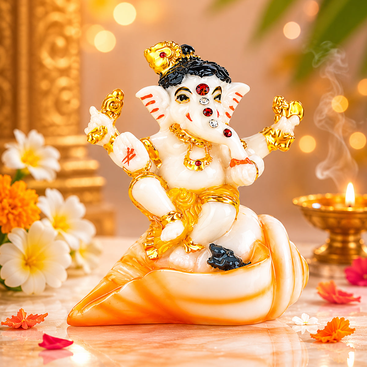The Writershub Yellow Dhoti Lord Ganesha Sitting on Shankh Resin Statue