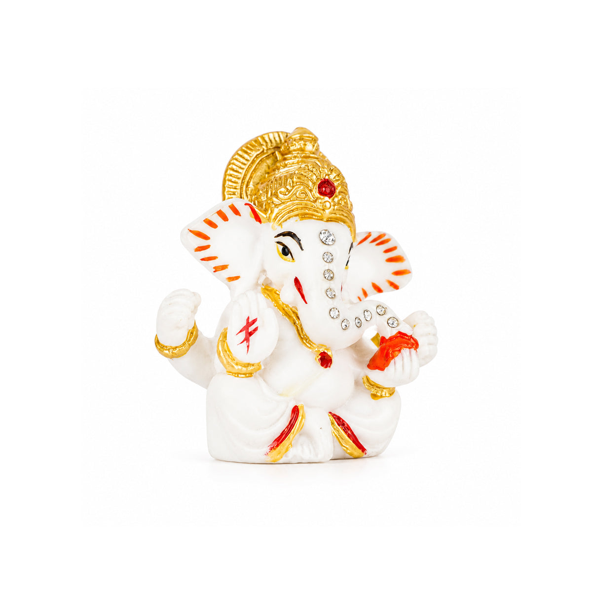 The Writershub White Ganesha with Golden Crown & Crystal Stones Resin Statue