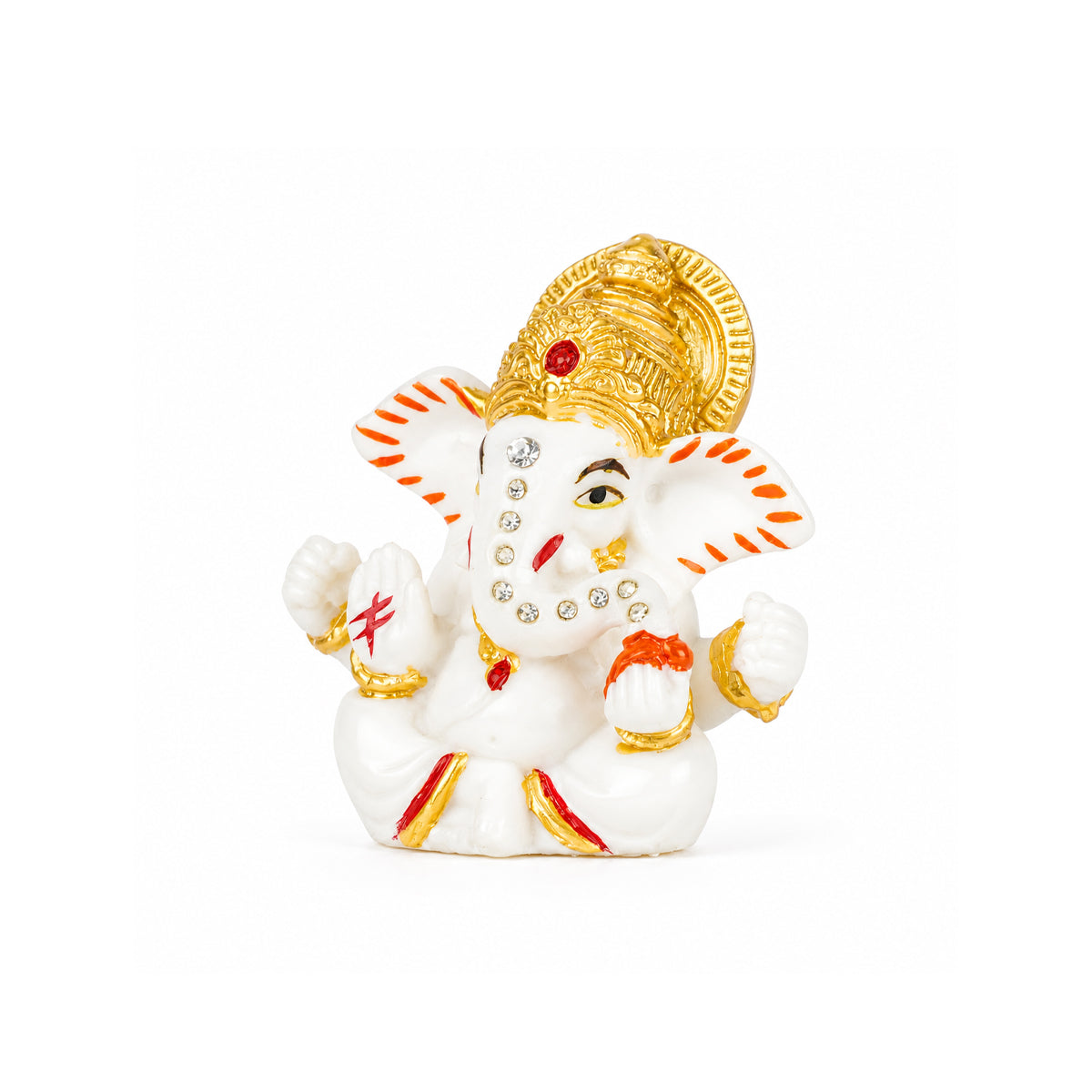 The Writershub White Ganesha with Golden Crown & Crystal Stones Resin Statue