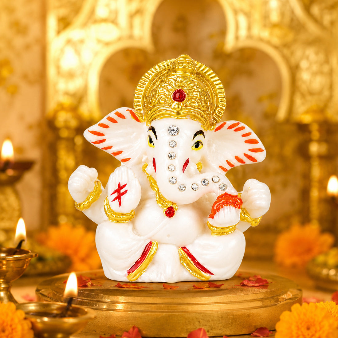 The Writershub White Ganesha with Golden Crown & Crystal Stones Resin Statue