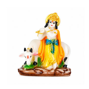 The Writershub Lord Krishna Playing Flute with Cow Multicolour Resin Statue