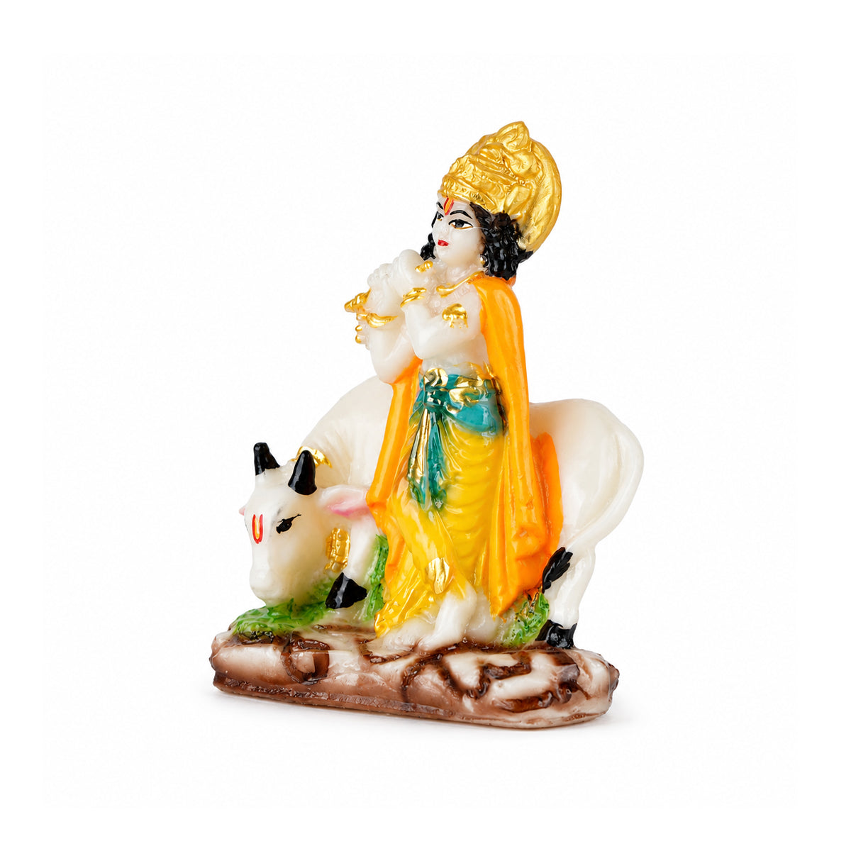 The Writershub Lord Krishna Playing Flute with Cow Multicolour Resin Statue