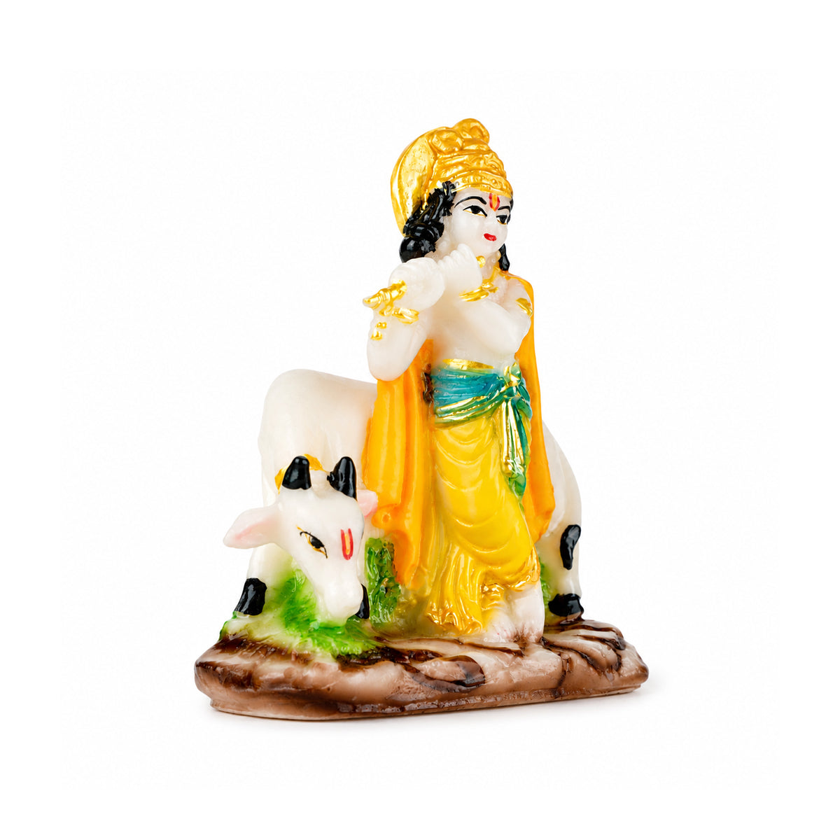 The Writershub Lord Krishna Playing Flute with Cow Multicolour Resin Statue