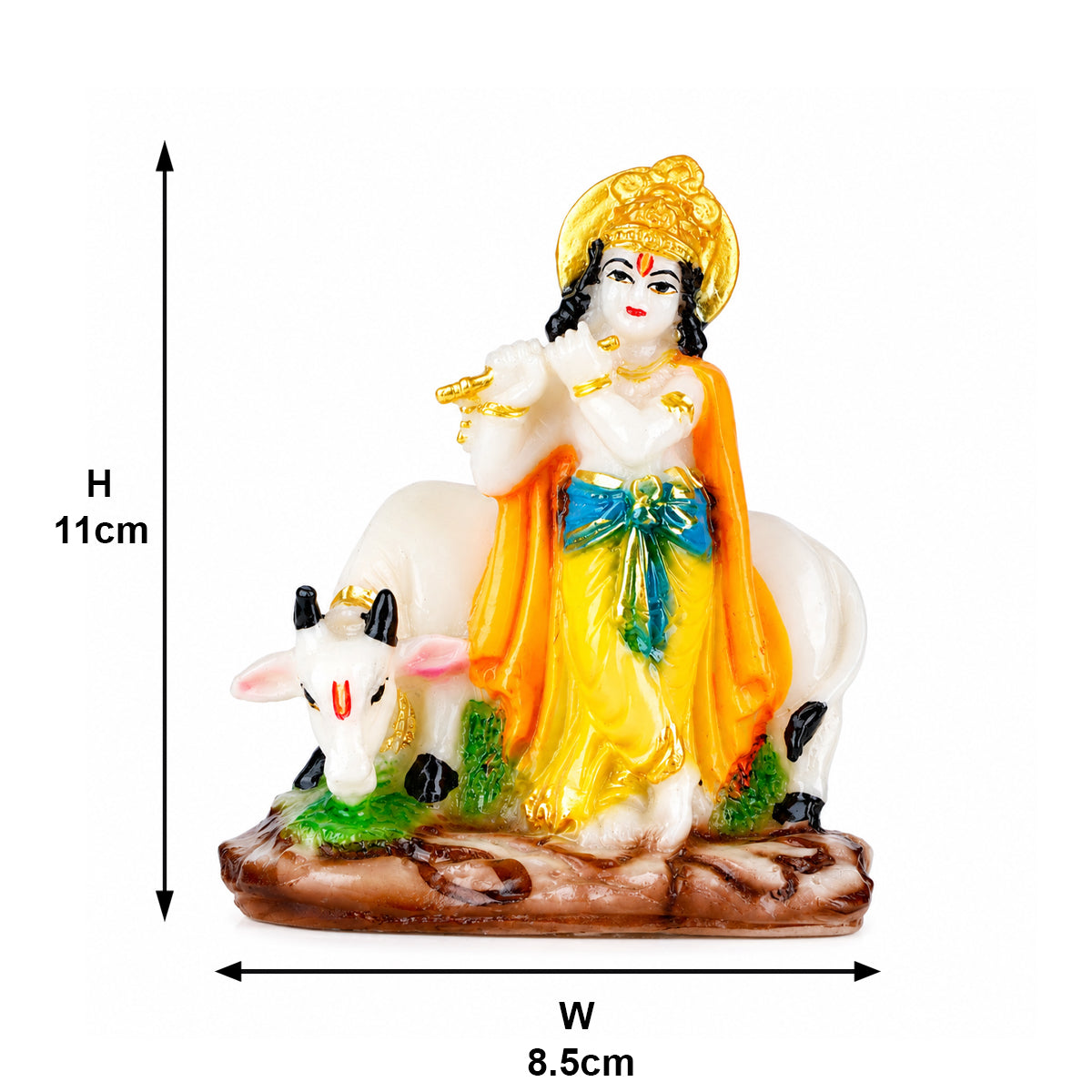 The Writershub Lord Krishna Playing Flute with Cow Multicolour Resin Statue