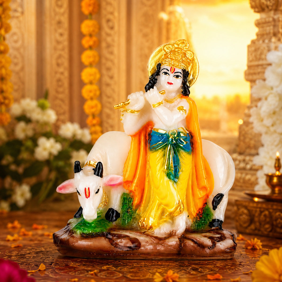 The Writershub Lord Krishna Playing Flute with Cow Multicolour Resin Statue