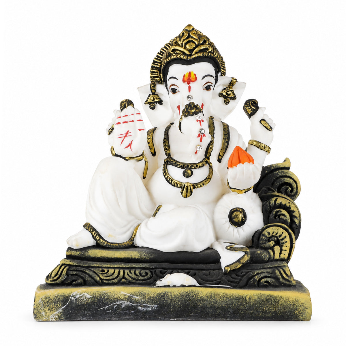 The Writershub Divine White Lord Ganesha Murti with Golden Accents, Modak in Hand, Seated Ganpati Idol