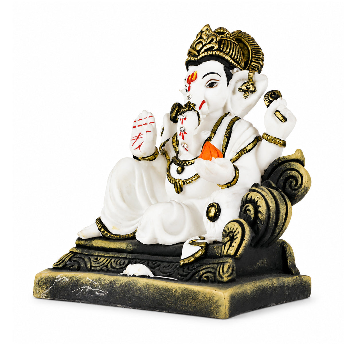 The Writershub Divine White Lord Ganesha Murti with Golden Accents, Modak in Hand, Seated Ganpati Idol