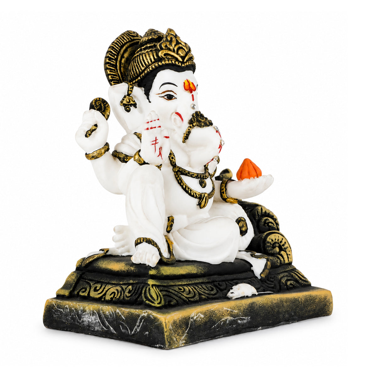 The Writershub Divine White Lord Ganesha Murti with Golden Accents, Modak in Hand, Seated Ganpati Idol