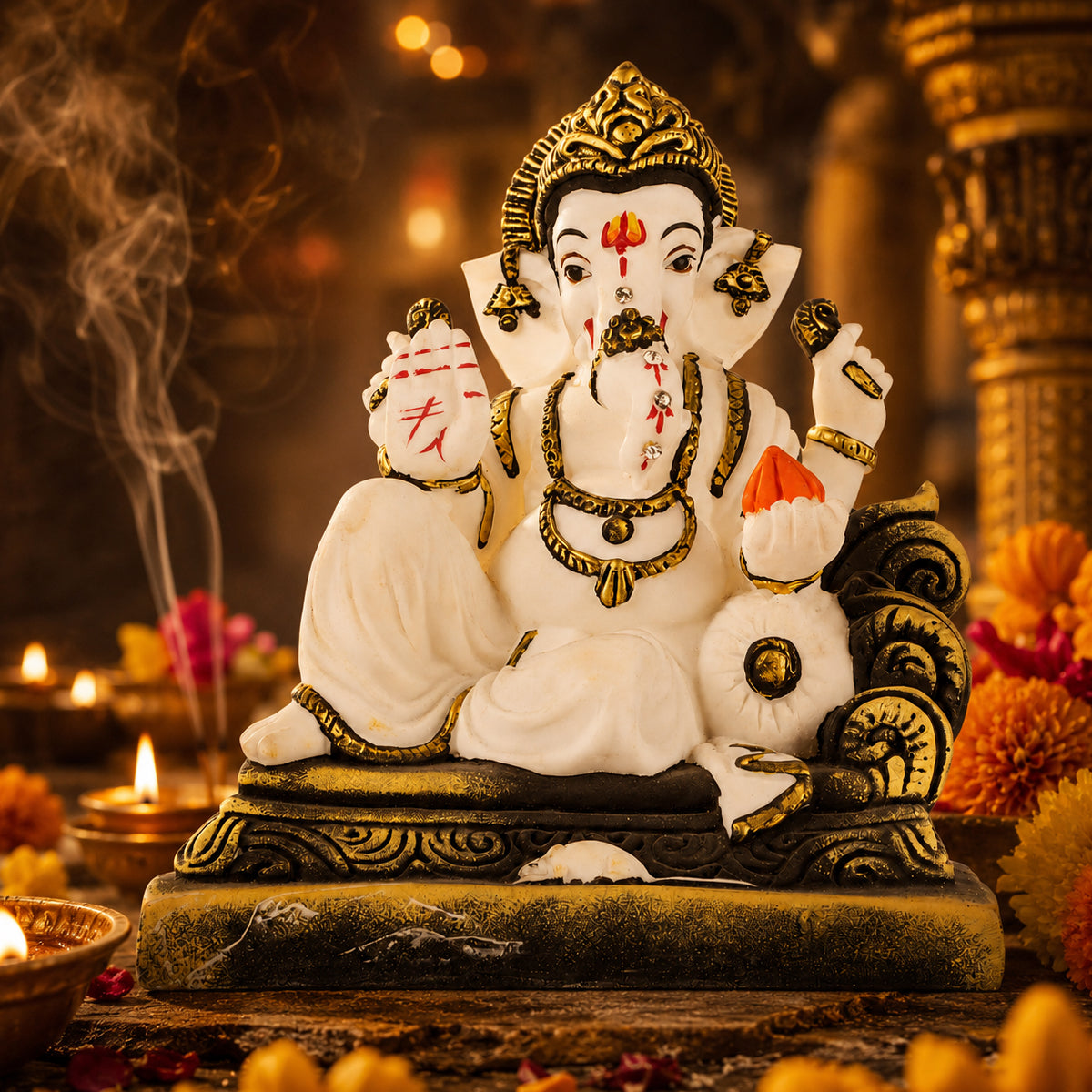 The Writershub Divine White Lord Ganesha Murti with Golden Accents, Modak in Hand, Seated Ganpati Idol