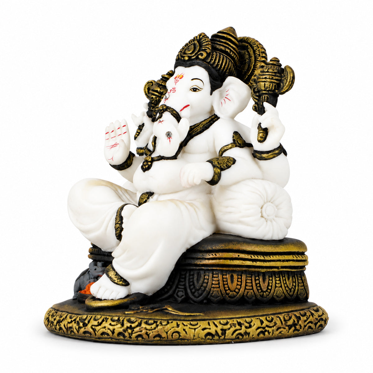 The Writershub White Lord Ganesha Idol with Axe & Modak, Seated Blessing Pose