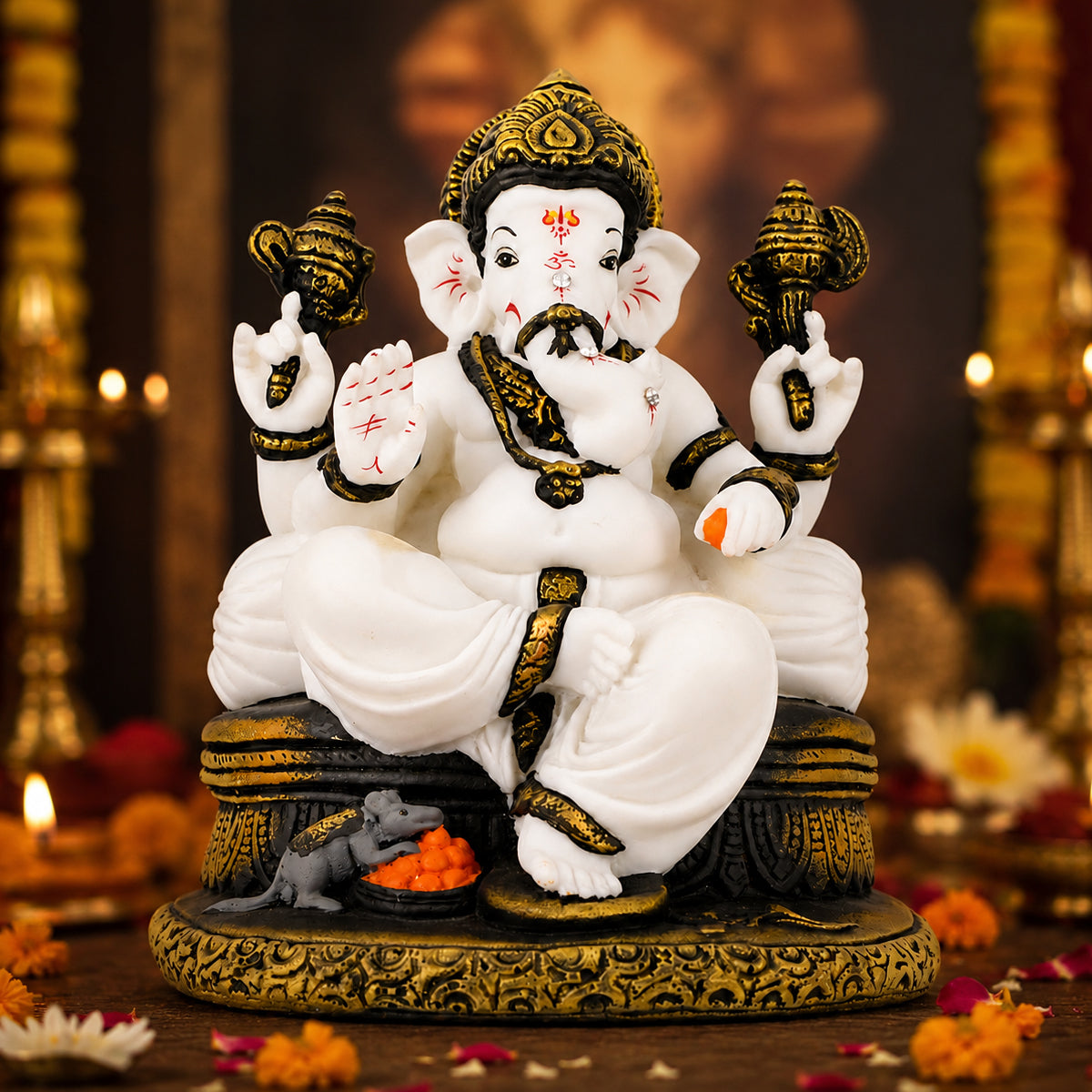 The Writershub White Lord Ganesha Idol with Axe & Modak, Seated Blessing Pose