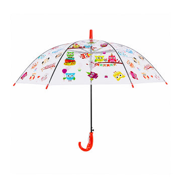 Arav Cute Owl Print Transparent Kids Umbrella — Red Handle & Whistle