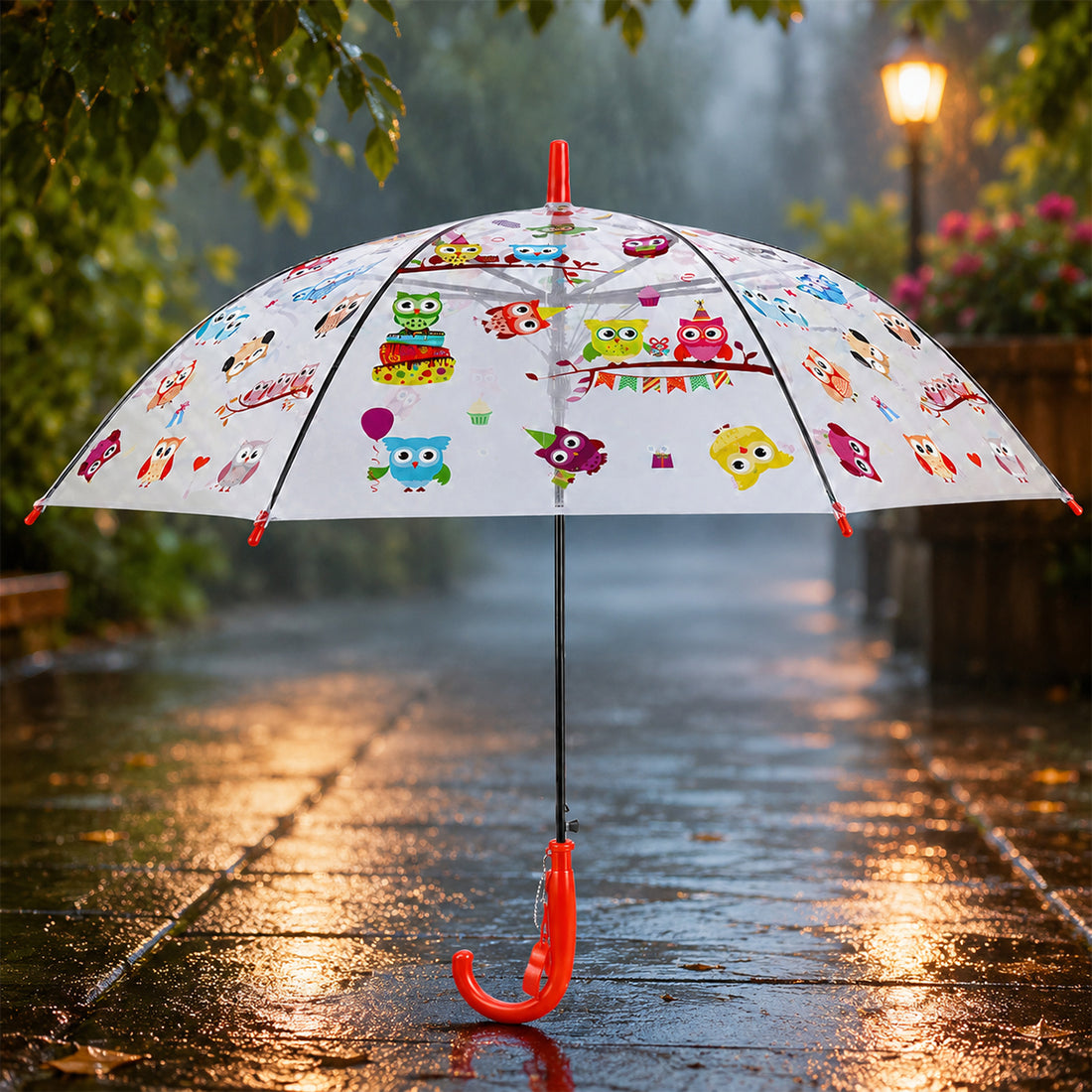 Arav Cute Owl Print Transparent Kids Umbrella — Red Handle & Whistle