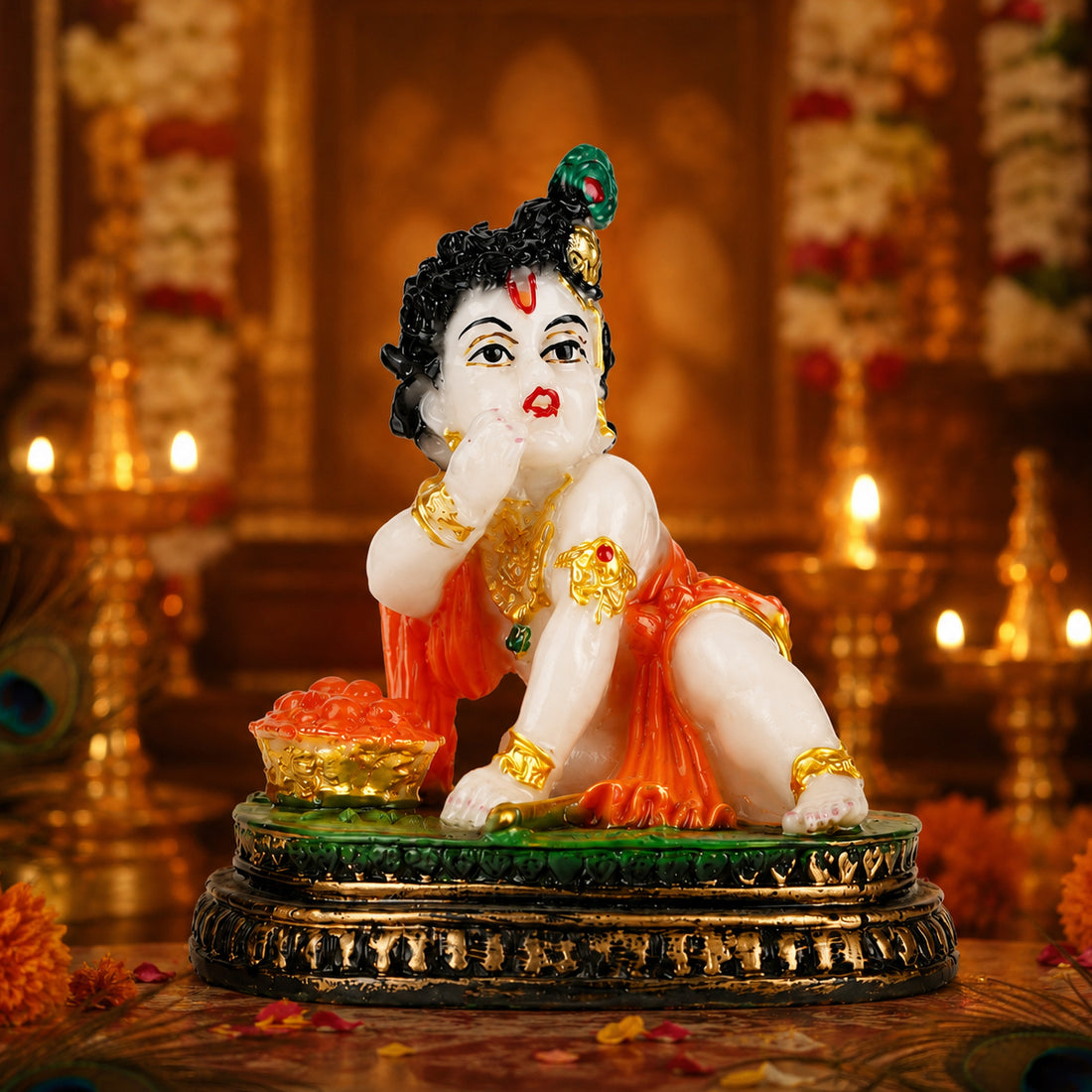 The Writershub Baby Krishna Playing Flute on Conch Shell Resin Statue