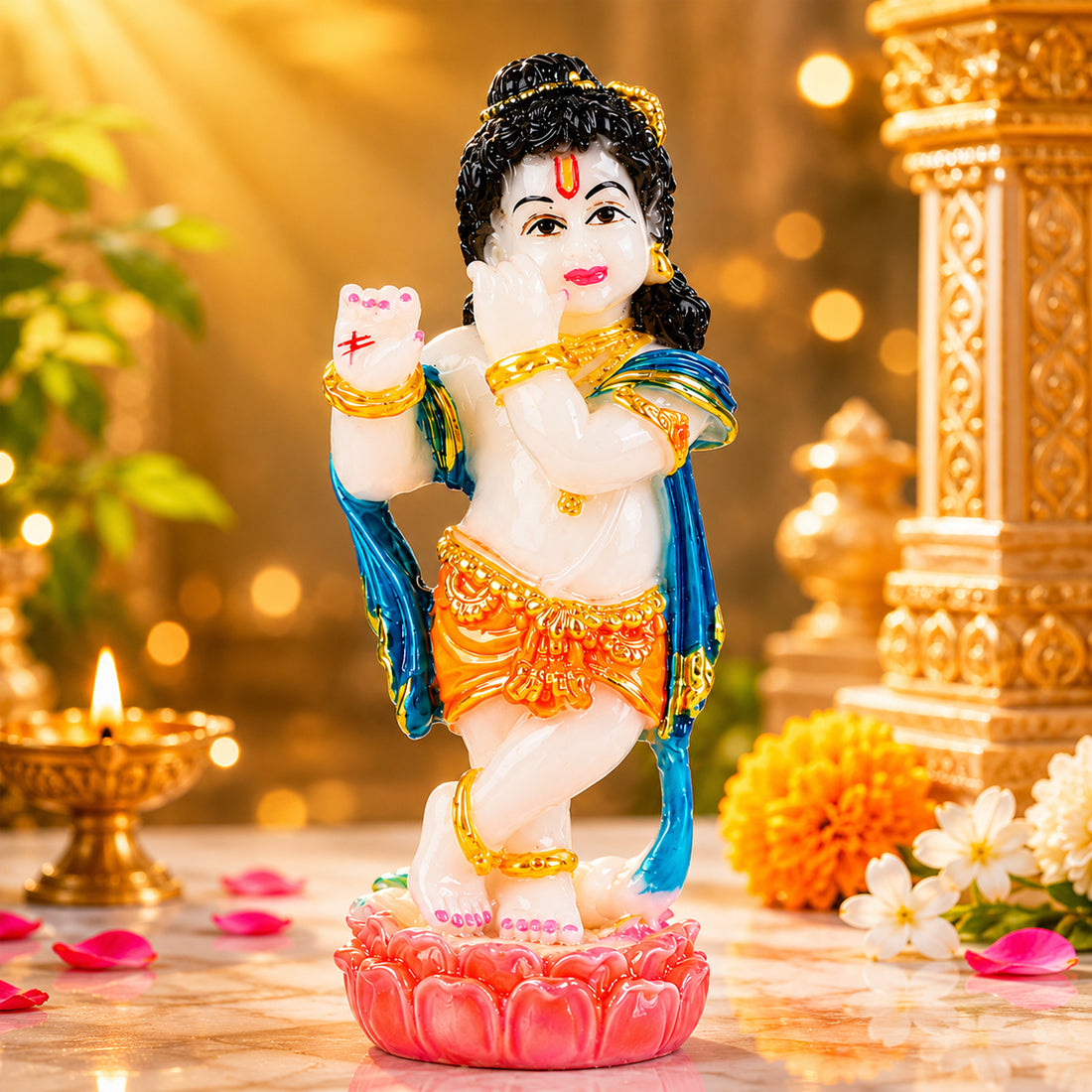 The Writershub White Skin Baby Krishna Standing on Lotus Base Resin Statue