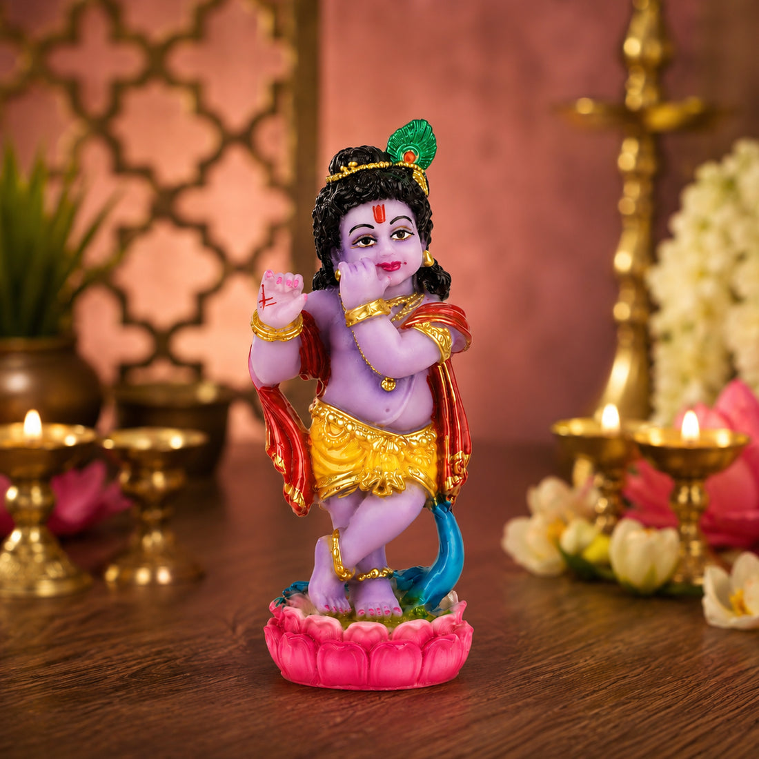 The Writershub Purple Skin Baby Krishna Standing on Lotus Base Resin Statue