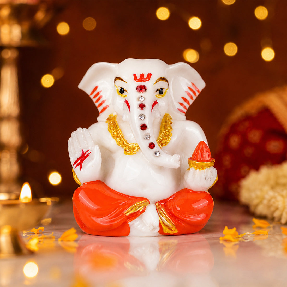 The Writershub Lord Ganesha Car Dashboard Mini Polyresin Idol - White with Red Gold